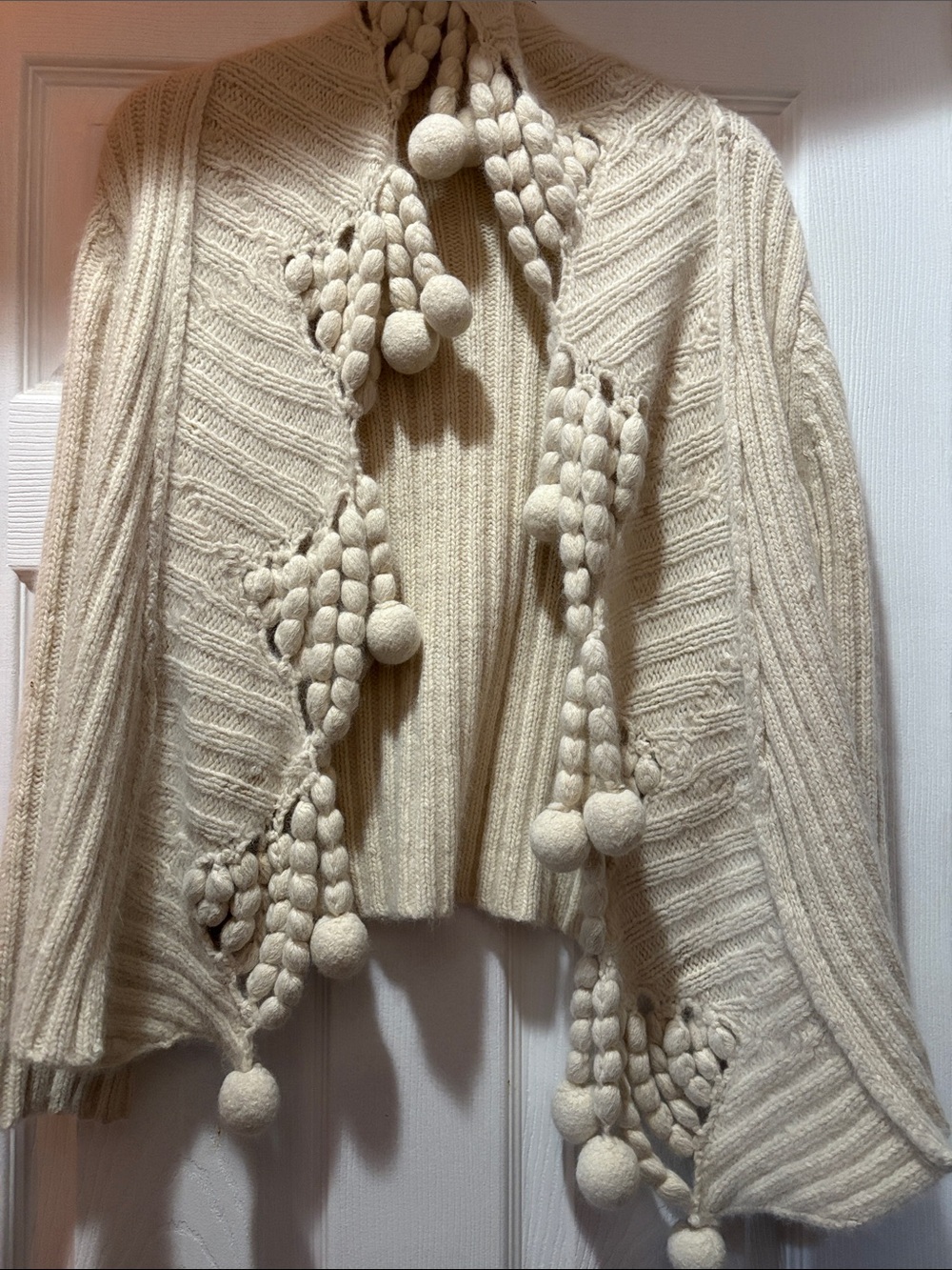 Cream angora Pom-Pom Knit cardigan sweater women’s Small